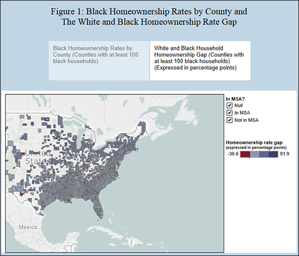 Figure 1. Black Homeownership Rates by County and The White and Black Homeownership