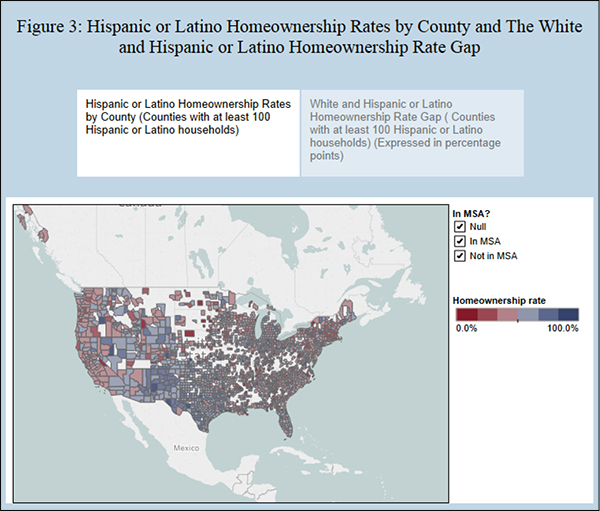 Figure 3. Hispanic or Latino Homeownership Rates by County and The White and